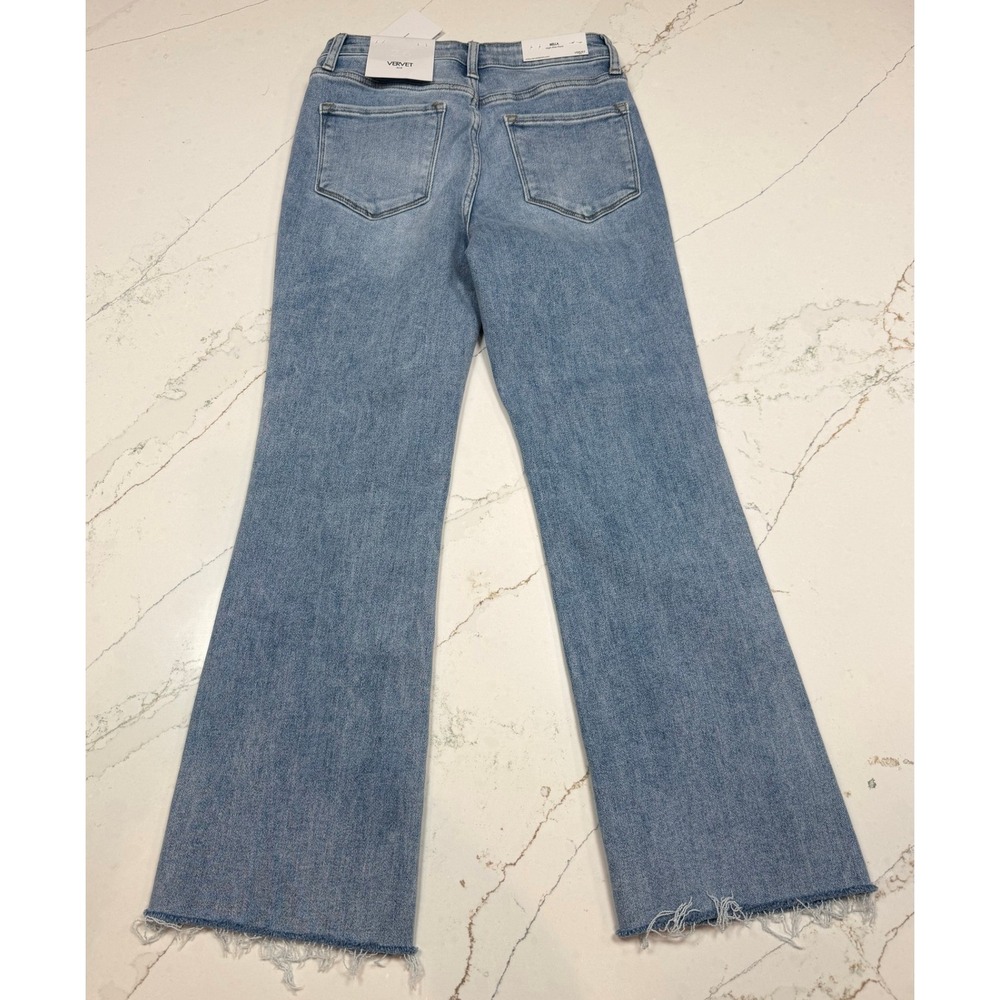 Vervet Blue Bella High-Rise Flare Jeans Light Wash Raw Hem Front Patch Pocket 28 - Picture 2 of 6